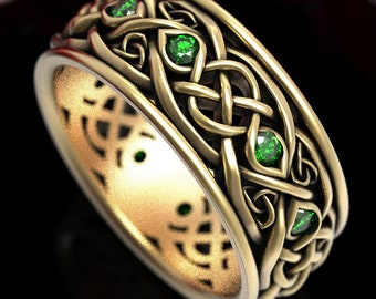 10K 14K Infinity Emerald Wedding Band, Mens Gold Celtic Knotwork Ring, 18K Gold Celtic Emerald Ring, Platinum Infinity Irish Ring, 1096