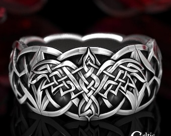Sterling Silver Celtic Raven Ring, Raven Wedding Band, Mens Wedding Band, Raven Jewelry, Celtic Knot Ring, Silver Gothic Corvid Ring, 1748