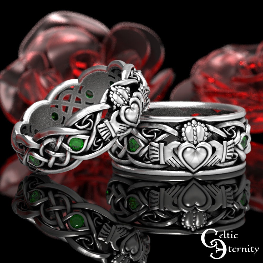 His Hers Sterling Claddagh Ring Set with Emeralds, Modern Claddagh