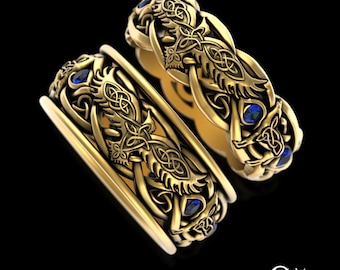 His Hers Gold Sapphire Matching Raven Wolf Ring Set, 10K 14K Celtic Matching Rings, Irish Wolves Wedding Band, Gold Viking Rings, 4696 4697