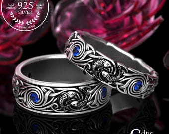 Sapphire His & Hers Japanese Koi Fish Rings, Sterling Water Wedding Band Set, Silver Ocean Waves Anniversary Rings, 2098 2103