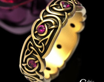 14K Gold Ruby Celtic Ring, 10K Gold Celtic Ring, 10K Celtic Wedding Ring, Womens Ruby Wedding Band, Women Gold Celtic Wedding Ring, 1916