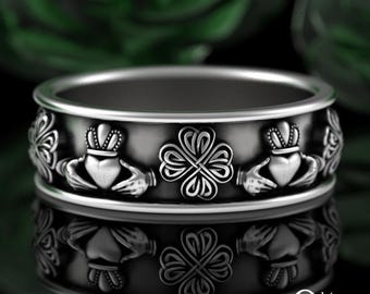 Sterling Irish 4 Leaf Clover & Claddagh Ring, Silver Celtic Wedding Band, Scottish Shamrock Wedding Ring, Crown Heart Handfasting, 3172