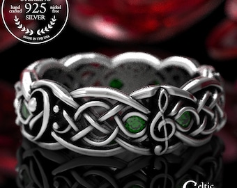 Emerald Celtic Wedding Ring, Sterling Silver Wedding Ring, Music Notes Ring, Musical Wedding Ring, Music Jewelry, Silver Music Ring, 1714