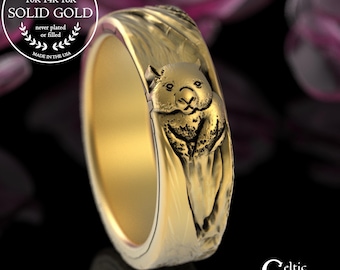 Gold Wombat in Tree Hollow Ring, 10K 14K Tree Bark Ring, Australia Wedding Theme, Wombie Bear, Marsupial Jewelry, Platinum Perth Animal,4054