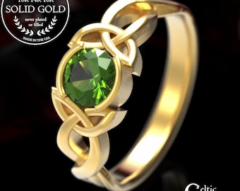 Gold Peridot Ring, Celtic Engagement Ring, Peridot Engagement Ring, Celtic Wedding Ring, Trinity Knot Ring, Unique Engagement Ring, 405