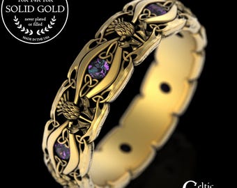 Gold & Alexandrite Royal Thistle Wedding Band, 10K 14K Welsh Bride's Knotwork Ring, 18K Gold Scottish Bridal Trinity Knot Union Ring, 3230