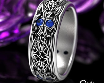 Mens Sapphire Knotwork Ring, Mens Sterling Silver Wedding Band, Sapphire Celtic Wedding Band, Sapphire Trinity Knot Ring, 1804