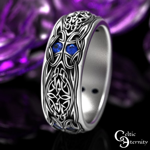 Mens Sapphire Knotwork Ring, Mens Sterling Silver Wedding Band, Sapphire Celtic Wedding Band, Sapphire Trinity Knot Ring, 1804