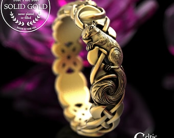 Solid Gold Squirrel Woman's Wedding Band, Platinum Celtic Squirrels Ring, 14K White Gold Tree Squirrel Ring, 2149