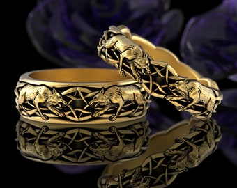 His Her Direwolf Ring Set, Gold Viking Wedding Bands, Viking Wolf Ring, Gold Wolf Rings, Celtic Wolf Wedding Ring, 1746 + 1747