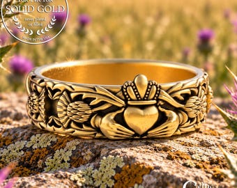 Women's Gold Thistles & Claddagh Ring, 14K Gold Scotland Bride Wedding Band, 10K Crown Heart Handfasting, Gold Scottish Highlands Ring, 3243