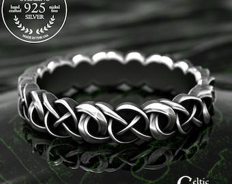 Delicate Infinity Pattern Ring, Thin Celtic Wedding Band, Sterling Knotwork Ring for Irish Bride, Silver Scottish Cris-Cross Woven Ring,1983