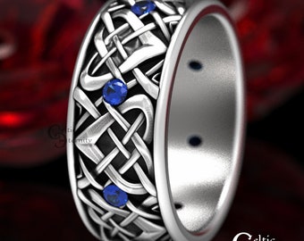Celtic Sapphire Wedding Ring, Sterling Silver Wedding Band, Heart Wedding Ring, Groom Wedding Band, Men's Wedding Band, Celtic Ring, 1457