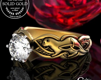 Gold River Otter Solitaire Engagement Ring, Moissanite Otterkin Ring, Celtic Water Weasel Proposal Ring, 10K 14K 18K Irish Engagement, 3060