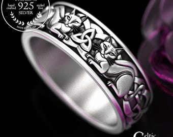 Sterling Tomcat Ring, Men's Silver Cat Wedding Band, Irish Feline Ring, Short-Hair Kitty Cat Ring, Pet Remembrance Jewelry, 2155