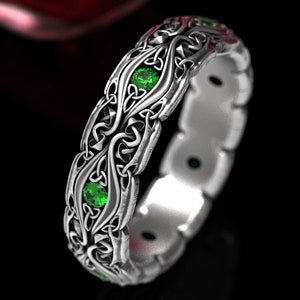 Emerald Celtic Mushroom Ring Sterling Silver, Mushroom Ring, Celtic Emerald Ring, Pagan Wedding Band, Nature Inspired Trinity Knot Ring 1378