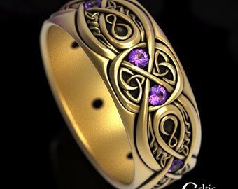 Gold Amethyst Eternity Ring, White Gold Mens Celtic Wedding Band, Gold Knotwork Ring, Gold Infinity Ring, Mens Gold Celtic Ring, 1642