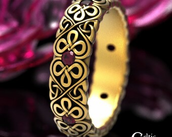 Gold Ruby Womens Celtic Band, 10K Gold Ruby Ring, 14K Gold Celtic Wedding Ring, Womens 14K Irish Ring, 18K Womens Celtic Wedding Ring, 1828