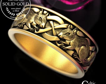 Men's Gold or Platinum Tree Squirrels Wedding Band, Platinum Celtic Groom Animal Ring, 14K White Gold Forest Anniversary Jewelry, 2160