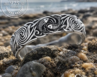 Woman's Koi Wedding Band in Sterling Silver, Japanese Water Fish Ring, Pisces Water Ring, Astrology Sign Ring, Ocean Waves Ring, 2097