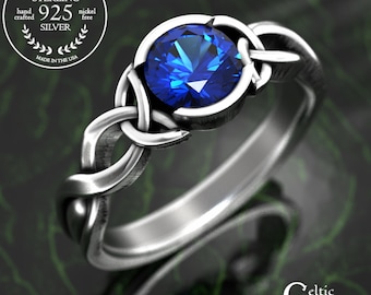 Classic Irish Engagement Ring in Sapphire Emerald Moissanite, Sterling Knotwork Irish Solitaire Ring, Amethyst Trinity Knot Wedding, 1997