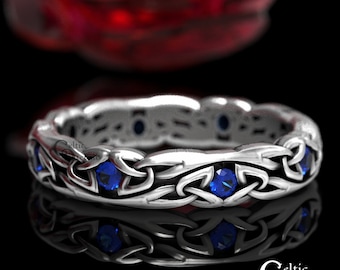 Narrow Sapphire Wedding Ring, Sterling Silver Celtic Wedding Band, Sapphire Wedding Ring, Celtic Knotwork Ring, Delicate Wedding Ring, 1467