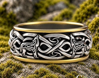Viking Groom 2tone Wolf Ring, Sterling & 10K Gold Man Wolves Wedding Band, Silver Gold Celtic Knotwork Wedding Ring, Norse Wolf Ring, 4031