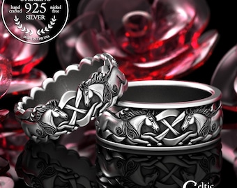 Matching Wild Horse Sterling Rings, His Hers Western Ring Set, Cowboy Cowgirl Wedding Bands, Texas Bride Groom Silver Set, 2157 2158