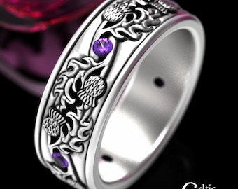 Amethyst Thistle Wedding Band, Sterling Celtic Wedding Ring, Amethyst Scottish Thistle Ring, Mens Thistle Ring, Celtic Thistle Ring, 1935