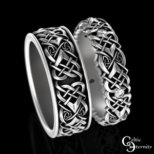 Celtic Knot Moissanite Wedding Ring Set. Matching Celtic Heart Knot Rings, His & Hers Sterling Celtic Ring Set, Moissanite Bands, 4012 4014