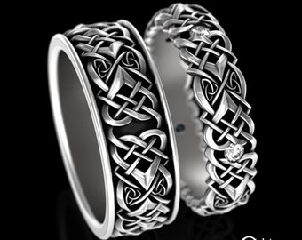 Celtic Knot Moissanite Wedding Ring Set. Matching Celtic Heart Knot Rings, His & Hers Sterling Celtic Ring Set, Moissanite Bands, 4012 4014