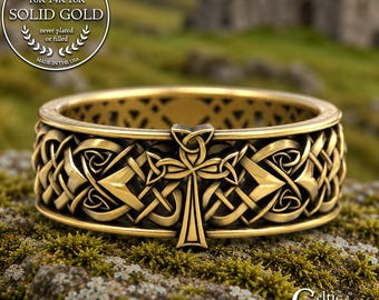 Gold Cross Wedding Band, Irish Cross Ring, Gold Celtic Cross Ring, Men Celtic Cross Wedding Band, 14K Men Wedding Band, 10K Cross Ring, 1859