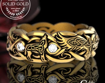 10K Gold Raven Wolves Ring, Womens Moissanite Gold Wedding Ring, Womens Gold Celtic Ring, Raven Wedding Band, 10K Raven Wedding Ring, 4696