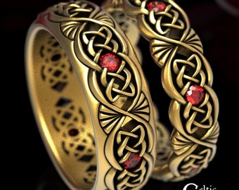 Matching Ruby Wedding Bands, Matching Gold Wedding Ring Set, His Hers Celtic Wedding Rings, Platinum Celtic Wedding Ring Set, 1579 1580