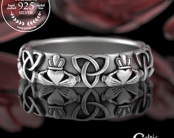 Sterling Claddagh Ring for Women, Silver Irish Heart Hands Wedding Ring, Classic Scottish Trinity Wedding Band, Celtic Traditional, 3161