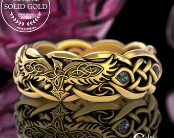 Womens Raven Wedding Band, 10K Gold Raven Ring, Alexandrite Gold Wedding Ring, 10K Celtic Raven Ring, 10K Gold Raven Wedding Ring, 4728