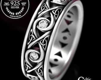 Celtic Moissanite Wedding Ring, Mens Infinity Knot Wedding Band, Sterling Celtic Wedding Ring, Moissanite Wedding Band, Infinity Knot 1410