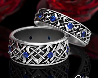 Matching Celtic Wedding Rings, Sterling Silver & Sapphire Wedding Band Set, His + Hers Celtic Rings, Silver Wedding Bands, 1457 + 1459