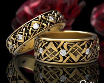 Moissanite Matching Wedding Ring Set, Heart Wedding Bands, Celtic Wedding Bands, Gold His & Hers Rings, Platinum Wedding Bands, 1457+1459