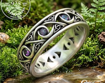 Mens Alexandrite Ring, Mens Alexandrite Wedding Ring, Mens Sterling Alexandrite Ring, Mens Silver Celtic Wedding Band, Celtic Ring, 1410