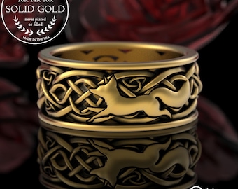 Gold Mens Fox Wedding Band, 10K Gold Celtic Fox Ring, Platinum Groom Fox Wedding Ring, 14K Irish Fox for Man, 18K Scottish Fox Band, 3197