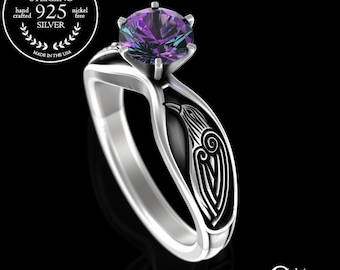 Alexandrite Viking Raven Engagement Ring, Sterling Norse Solitaire Wedding Ring, Silver Odin Ravens, Crow Bird Engagement Ring, 3163