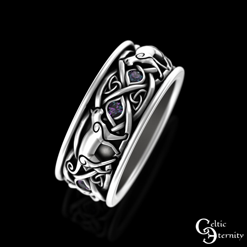 Alexandrite 10K White Gold Mens Cat Wedding Band Irish Cat Ring Celtic Feline Knotwork Platinum Kitty Ring 14K Gold Kitten Ring 3099