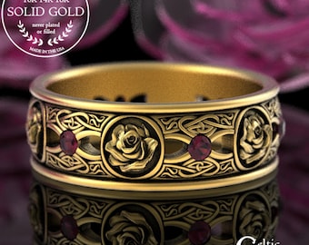 Ruby Rose Wedding Ring, Gold Celtic Rose Ring, 10K Ruby Irish Rose Wedding Band, 14K Scottish Womens Rose Gold Ring, 18K Gold Ruby Ring 3045