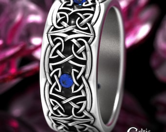 Mens Silver Sapphire Ring, Sterling Celtic Wedding Ring with Sapphires, Blue Mens Wedding Band, Sterling Mens Celtic Wedding Ring, 1823