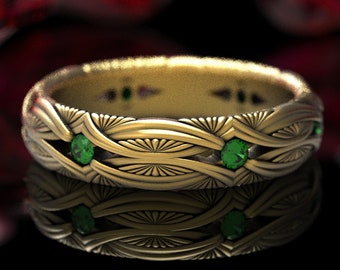 Gold Emerald Celtic Eternity Band, Celtic Wedding Ring, Gold or Platinum Celtic Knot Ring, Unique Wedding Band, Gold Celtic Ring, 1404