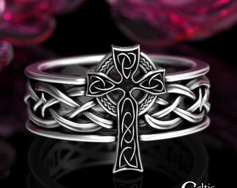 Sterling Cross Ring, Mens Celtic Cross Ring, Mens Irish Cross Ring, Irish Wedding Band, Men Celtic Wedding Band, Silver Cross Ring, 1928