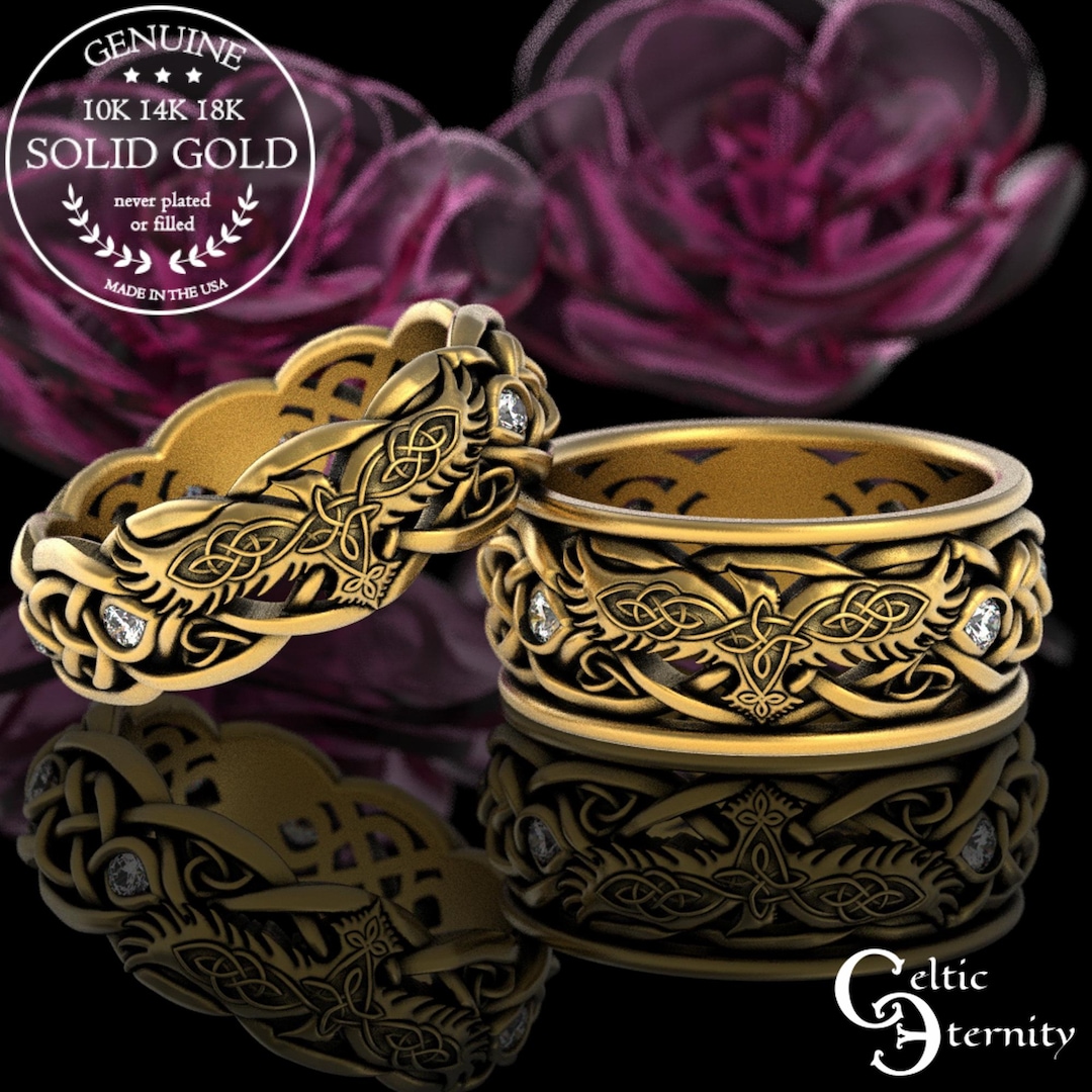 Dual Raven Rings 10K Moissanite Viking Wedding Rings, Gold Raven Ring Set, 10K Raven ...
