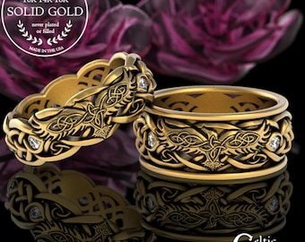 10K Moissanit Vikingavigselringar, Guld Korpringset, 10K Korpringar, Matchande Guldvigselringar, 14K Korpvigselringar, 4728 4729